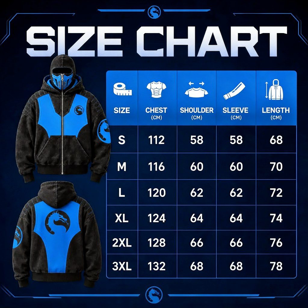 Size chart: chest, shoulder, sleeve and length for sizes S to 3XL in centimeters